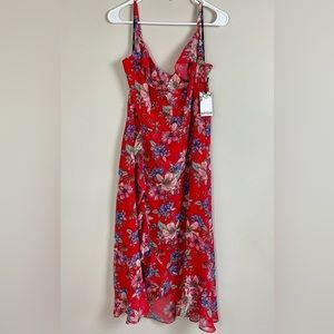Kensie Red Floral Flower Adjustable Straps Midi Fit Flare Ruffled Dress Size 12